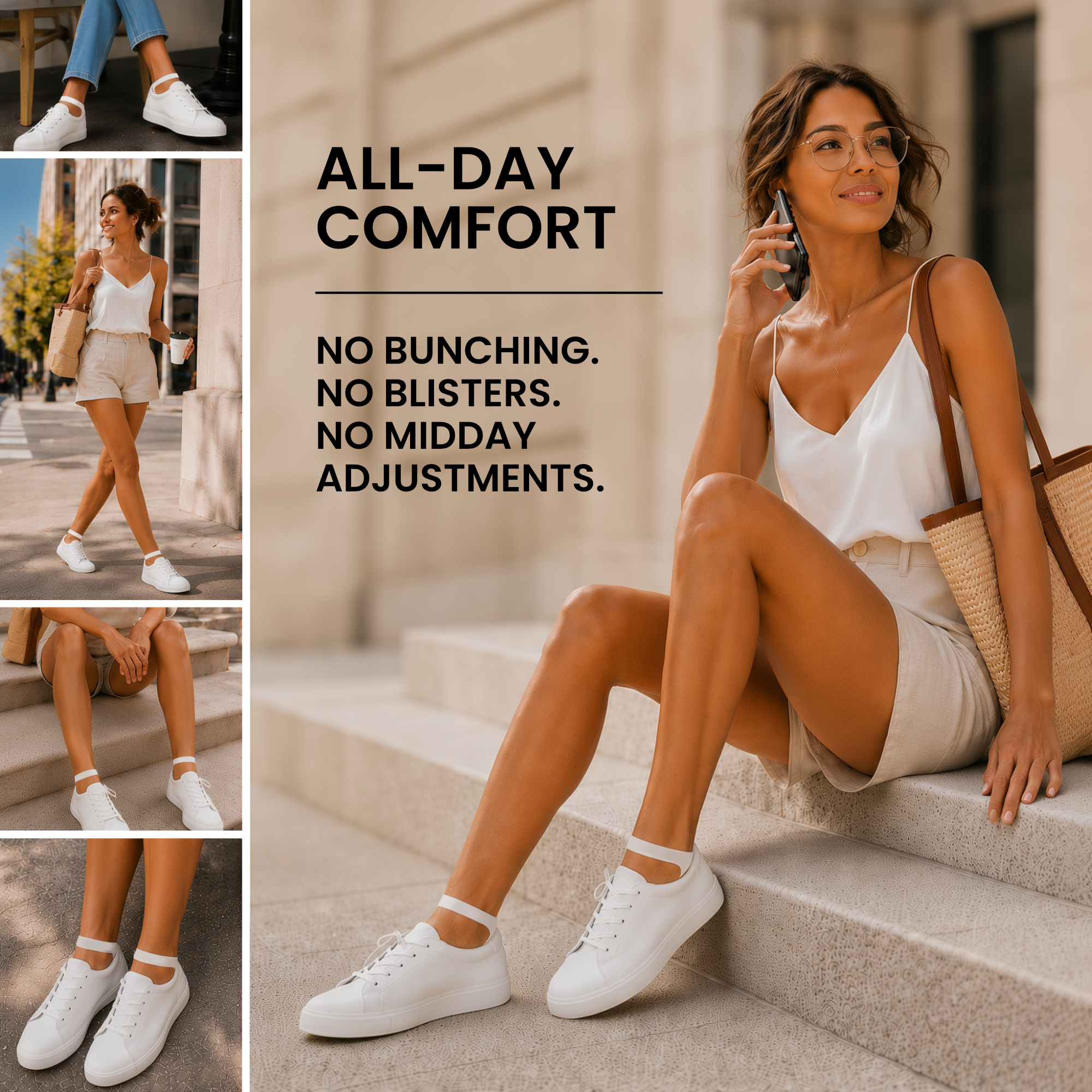 A promotional collage for white low-top sneakers, showing a woman seated on stone steps wearing the shoes, with inset close-up views of the shoes on feet and legs. Large text reads 'ALL-DAY COMFORT' with the claims 'NO BUNCHING. Hidey Style socks breathable bamboo