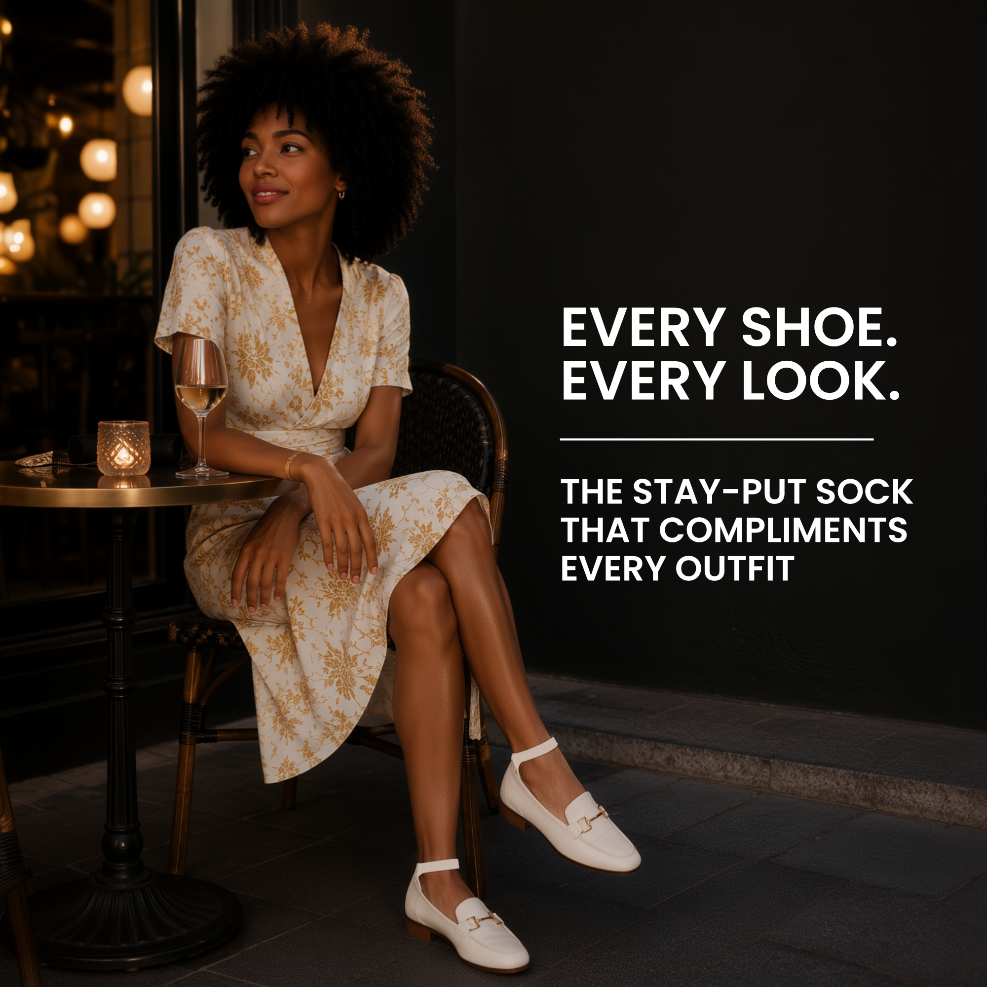 A woman sits at a table in a dimly lit lounge setting wearing a cream and gold floral dress and white loafers. Text on the right reads, 'EVERY SHOE. Hidey Style socks breathable bamboo