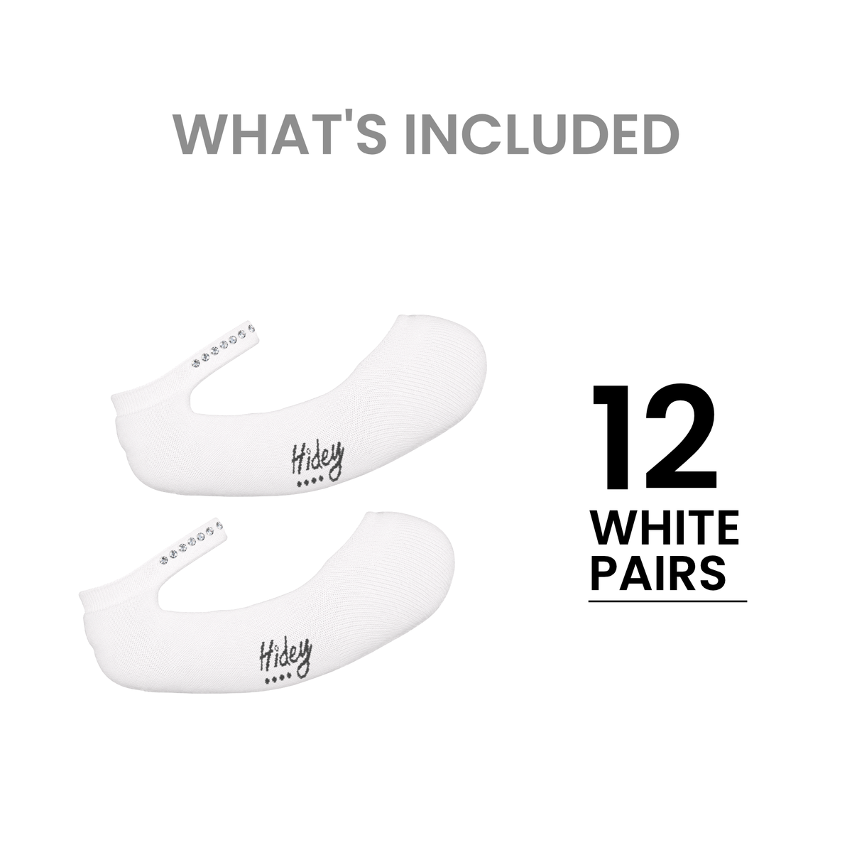 Two white no-show socks displayed on a clean white background with text reading 'WHAT'S INCLUDED' and '12 WHITE PAIRS'. The socks have a ribbed texture and the brand name 'Hiday' is printed on the side. Product quantity graphic for 12-pack white Hidey Style Socks with Swarovski Crystals