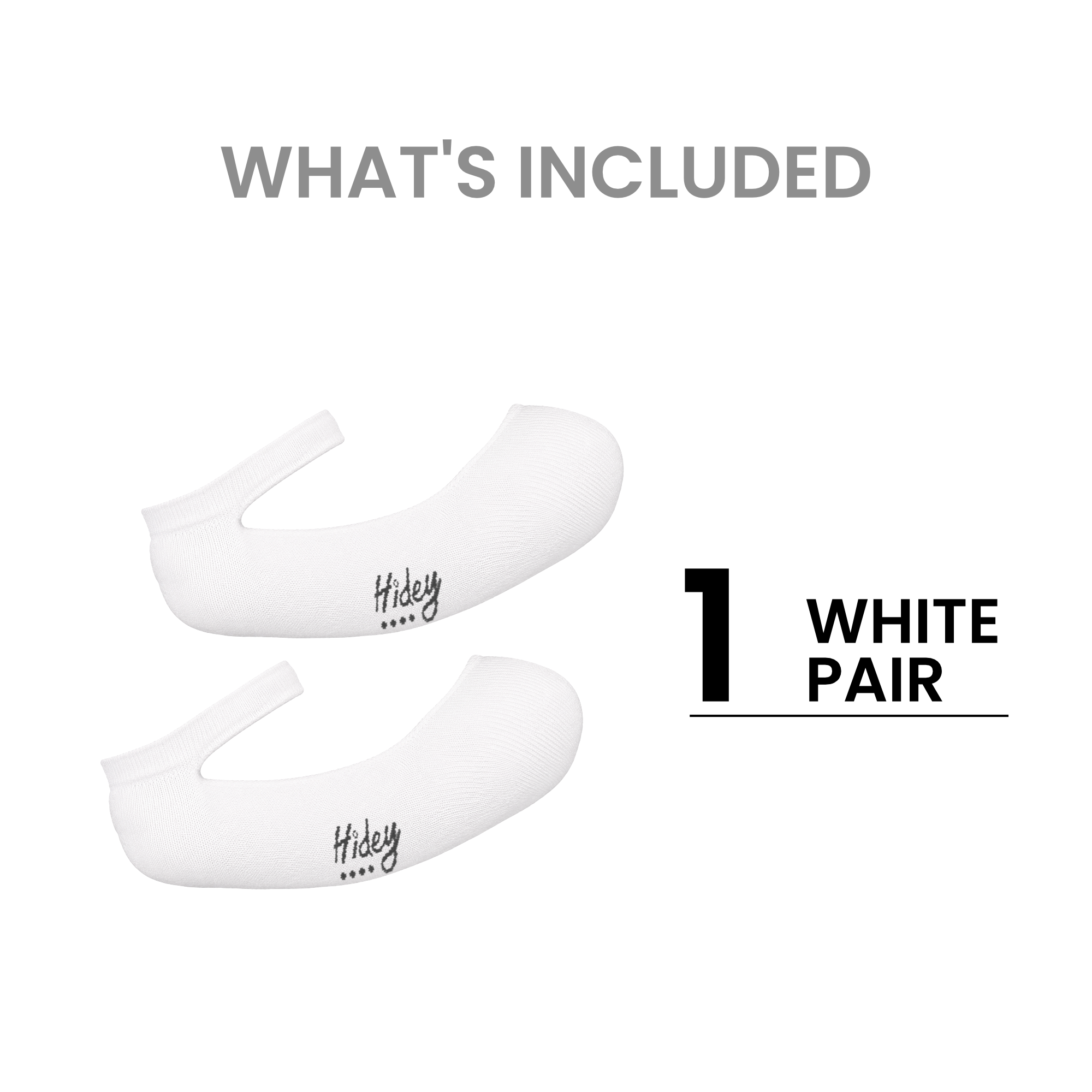 Two white no-show ankle socks on a white background with text reading 'WHAT'S INCLUDED' and '1 WHITE PAIR'. The socks have a curved shape with small printed branding and a row of tiny decorative dots near the opening. Hidey Style socks breathable bamboo