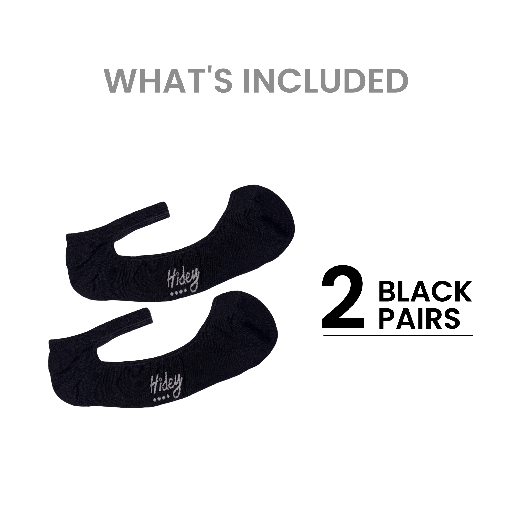 Two black low-cut ankle socks with white 'Hideasy' branding, displayed on a white background with text overlays reading 'WHAT'S INCLUDED' and '2 BLACK PAIRS'. Hidey Style socks breathable bamboo
