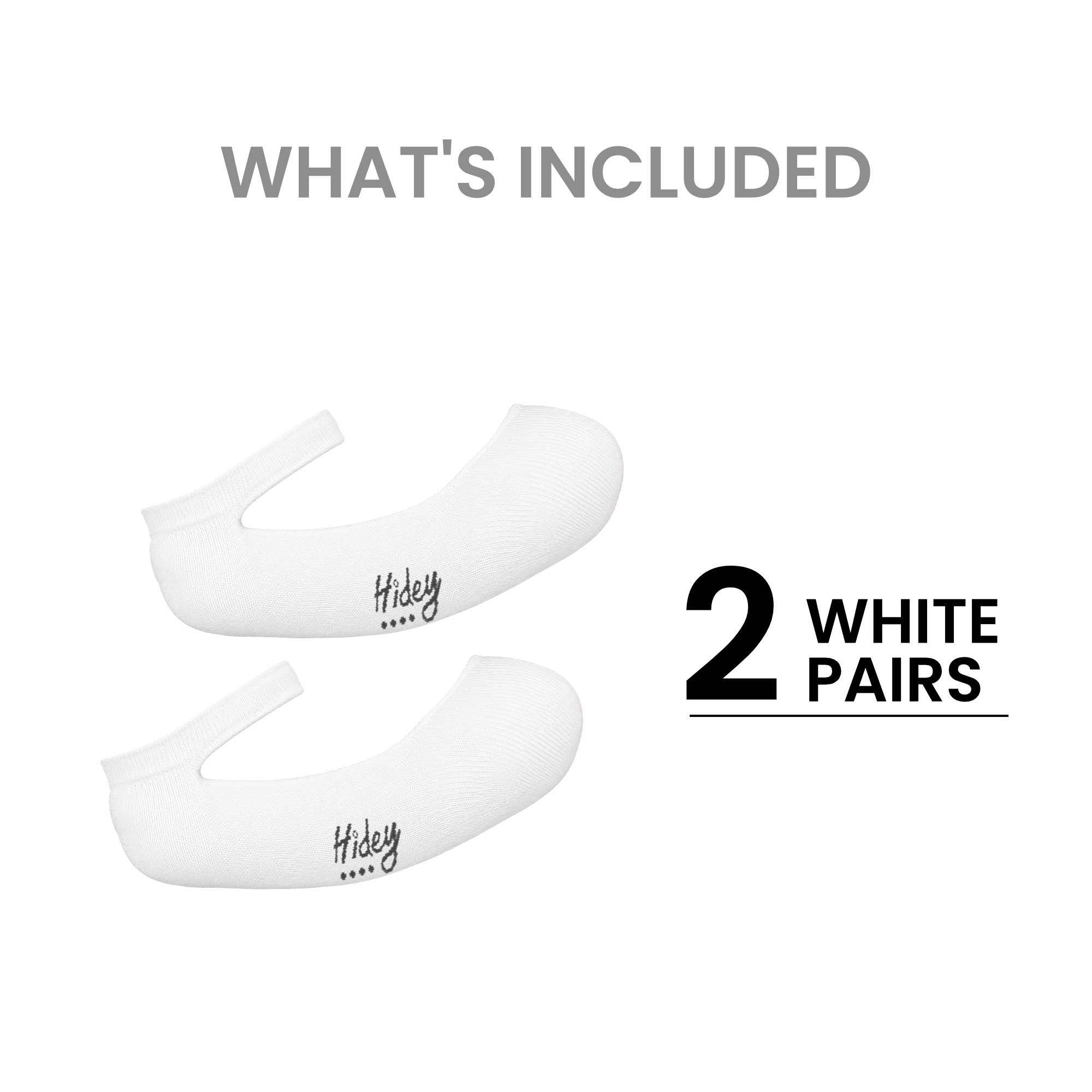 Two white low-cut ankle socks shown on a plain white background with the text 'WHAT'S INCLUDED' and '2 WHITE PAIRS' printed beside them. The socks have a small black 'hidey' logo near the foot opening. Hidey Style socks breathable bamboo