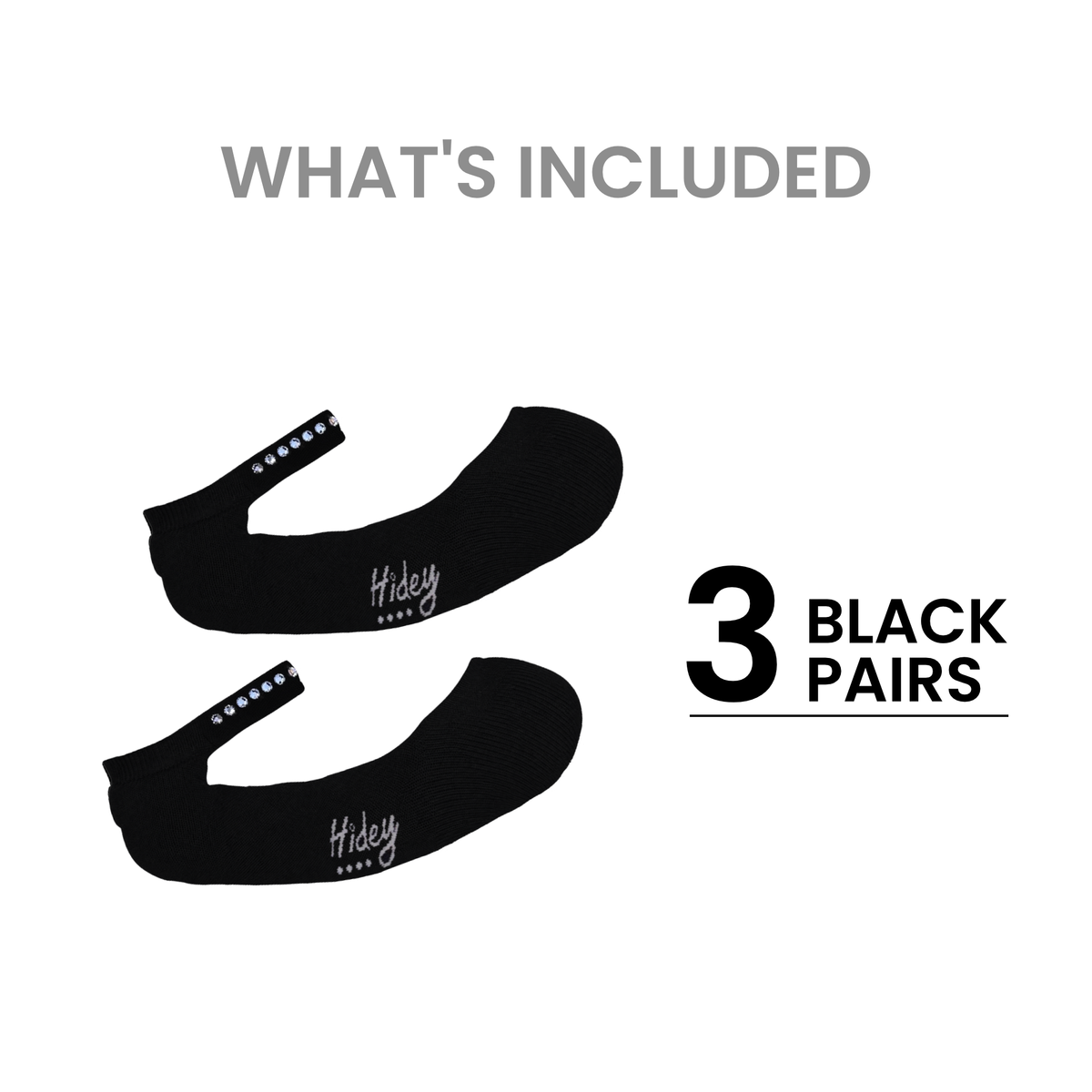 Product quantity graphic for 3-pack black Hidey Style Socks with Swarovski Crystals