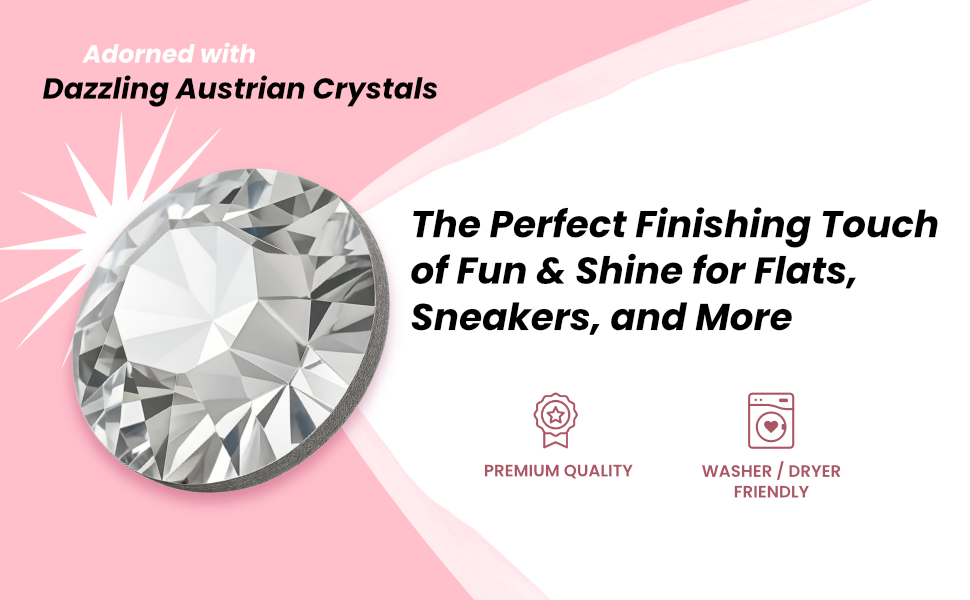 Promotional graphic for a large round clear crystal gemstone with marketing text on a pink and white background. The text reads 'Adorned with Dazzling Austrian Crystals' and 'The Perfect Finishing Touch of Fun & Shine for Flats, Sneakers, and More,' with small icons for 'PREMIUM QUALITY' and 'WASHER / DRYER FRIENDLY. Sparkling diamond feature graphic highlighting Youth Hidey Style Socks with Swarovski Crystals