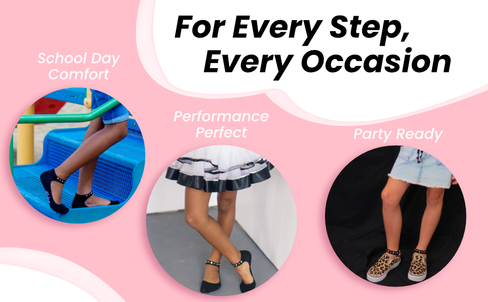 Promotional graphic for ankle boots with three circular lifestyle photos showing feet in different settings: school day comfort, performance perfect, and party ready. The text reads 'For Every Step, Every Occasion' on a pink and white background. Collage showing different ways girls can style Youth Hidey Style Socks with Swarovski Crystals