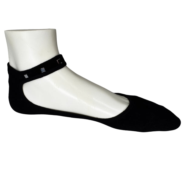 Side view of black Hidey Style Socks with Stud Square Swarovski Crystals on a white display foot